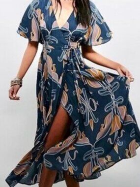 Free People BoHo Art Nouveau Maxi Wrap Dress, Blue, Size Small